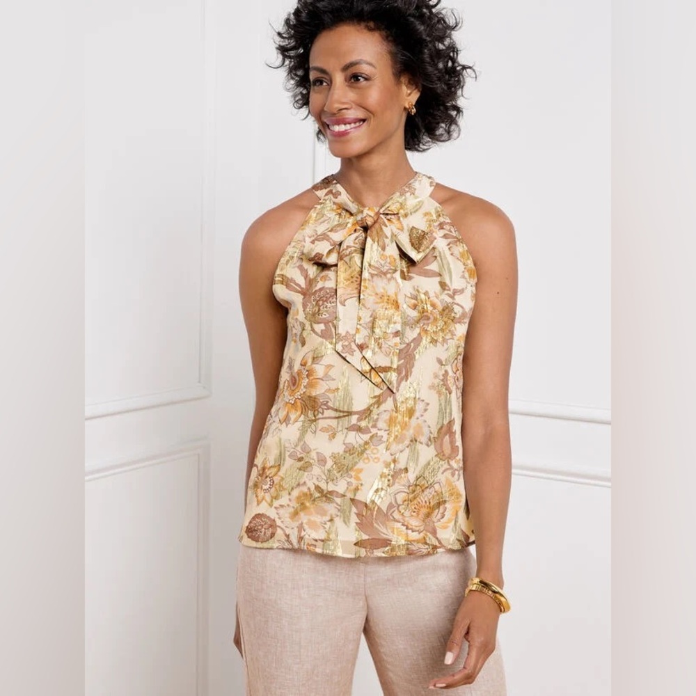 NWT Talbots Tie Neck Halter Top in Climbing Floral Ivory Multi SZ L Evening Out
